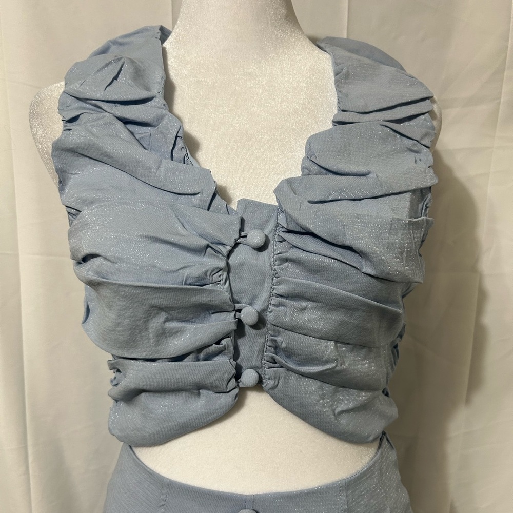 Ruched Crop Vest Top Small Light Blue Button Front Fitted Top